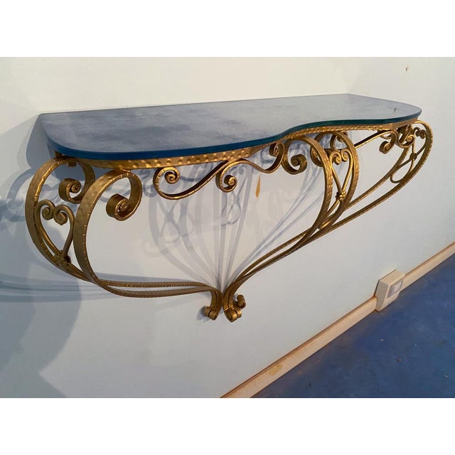 Mid-Century Italian Blue Glass Gold Iron Console Table by Pier Luigi Colli, 1950 For Sale - Image 9 of 16