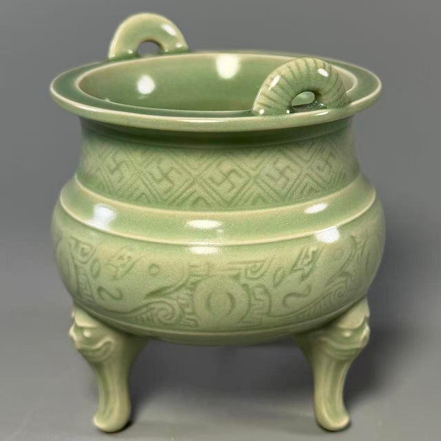 Chinese Vintage Chinese Longquan Celadon Porcelain Incense Burner | One of a Kind, Carved‑Pattern Double Handles For Sale - Image 3 of 7