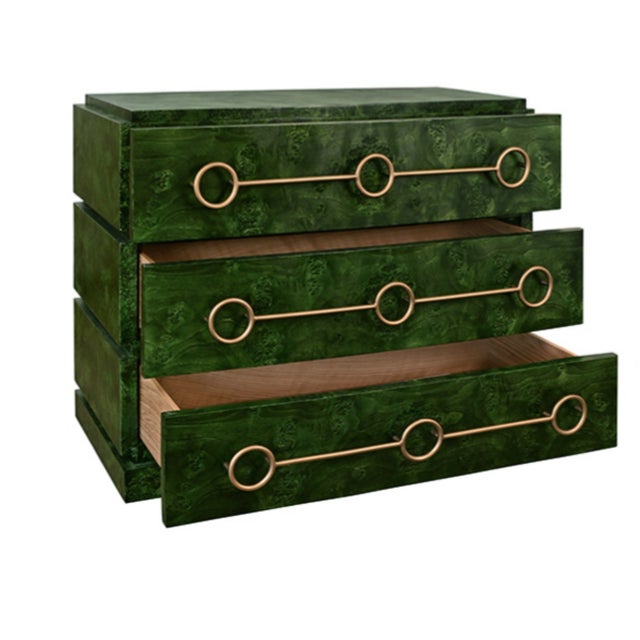 Worlds Away Matthew Izzo Home Roderick Green Burlwood Three Drawer Chest With Brass Accents For Sale - Image 4 of 8