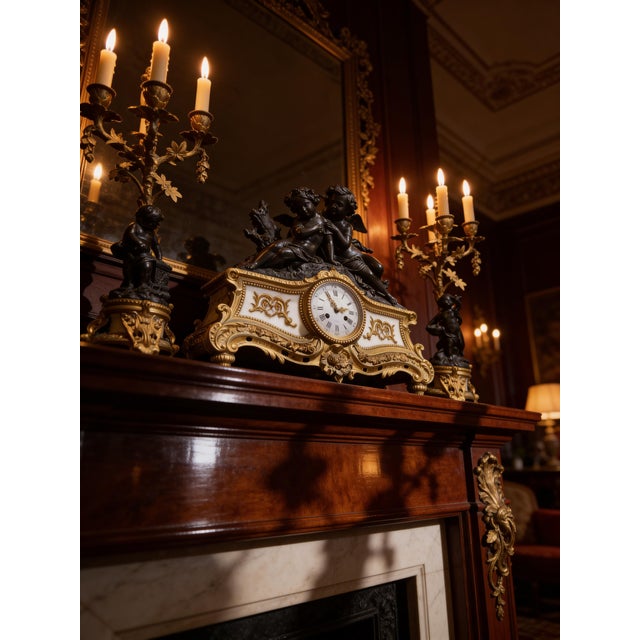 Antique French Denière Bronze & Marble Clock Garniture Set - Cherubs, 3-Piece, 19th Century For Sale - Image 15 of 18