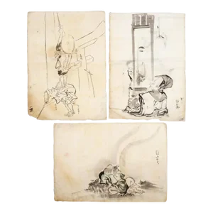 Set of Three Japanese Watercolors in the Manner of Hanabusa Itcho