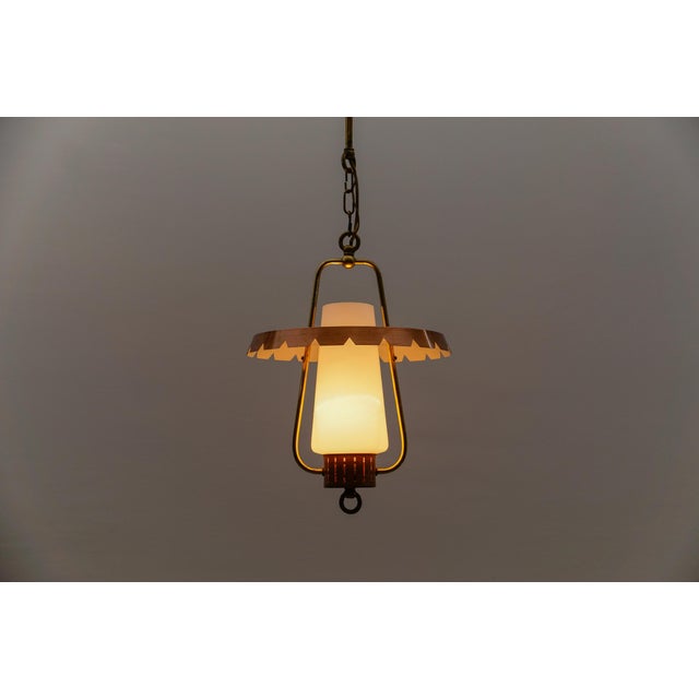Metal Mid-Century Modern Ceiling Lamp in Copper, Brass, and Opaline Glass, 1950s For Sale - Image 7 of 13