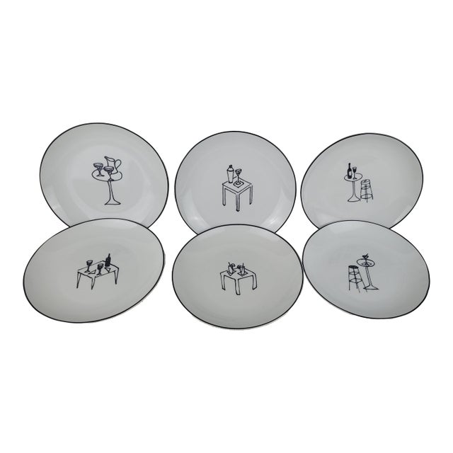 Crate & Barrel Ceramic Party Plates Appetizer Whimsical Lounge Scenes Set of 6 For Sale