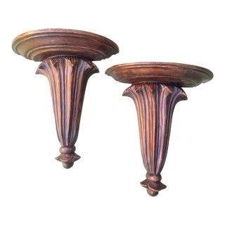 Vintage Large Solid Wood Stained Carved Fluted Wall Sconce Shelves For Sale