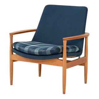 Scandinavian Armchair in Oak and Blue Wool, 1950s For Sale