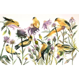 "Goldfinches" - Original Watercolor Ink Painting of Birds and Flowers by Elizabeth Becker For Sale