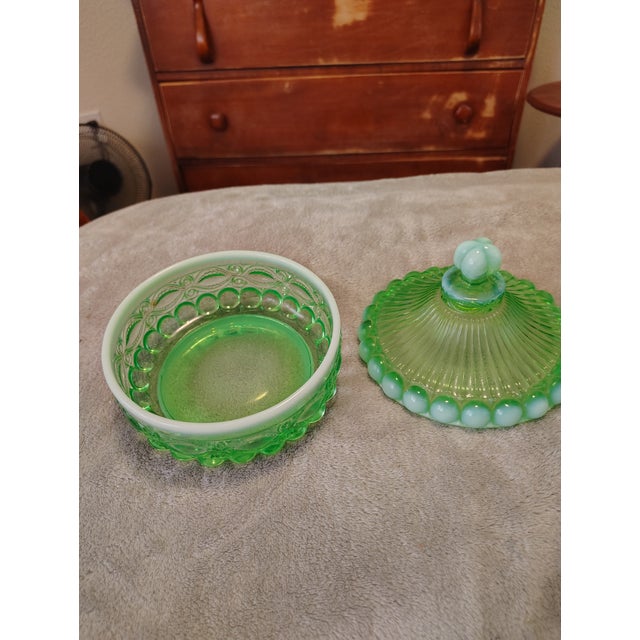 Vintage Mosser Glass covered candy dish..Eye Winkler Green Opalescent ..Marked on base with Moser marking of an M. 5.5"H x...