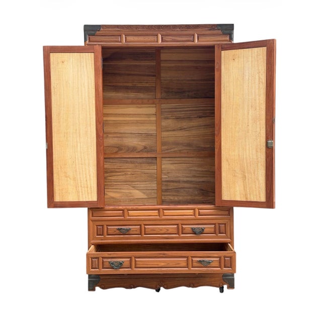 Late 20th Century Vintage Chinese Elm Elmwood Wedding Cabinet Armoire Prosperity Cabinet Chinoiserie Wardrobe With Interior Hanging Rail For Sale - Image 5 of 12