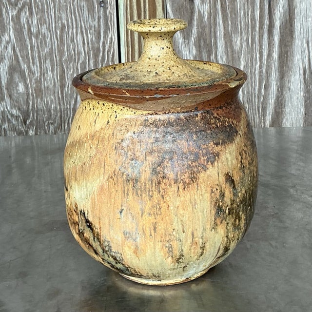 Ceramic Vintage Boho Signed Studio Pottery Lidded Urn For Sale - Image 7 of 9