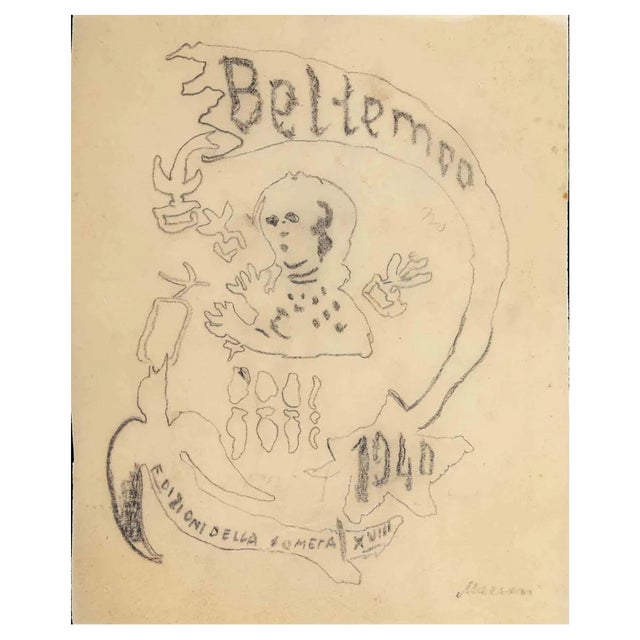 Mino Maccari, Beltempo, Pencil Drawing, 1940s For Sale