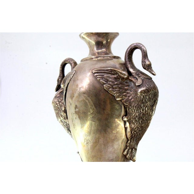 Silver Vases with Appliqués of Geese and Mythical Figures Holding Flower Pots in Relief-Painted Glass, Set of 2 For Sale - Image 5 of 9