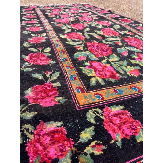Vibrant 1940s Karabagh Rug, Bold Rose Motifs on Deep Black Field For Sale - Image 4 of 7