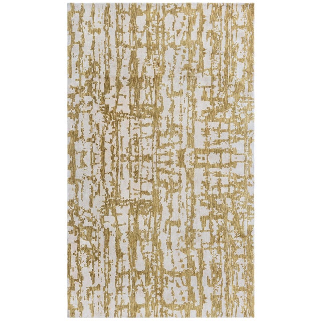 Abstract Modern Grid Golden Tan With Ivory Silk Rug "Giltgrid" For Sale
