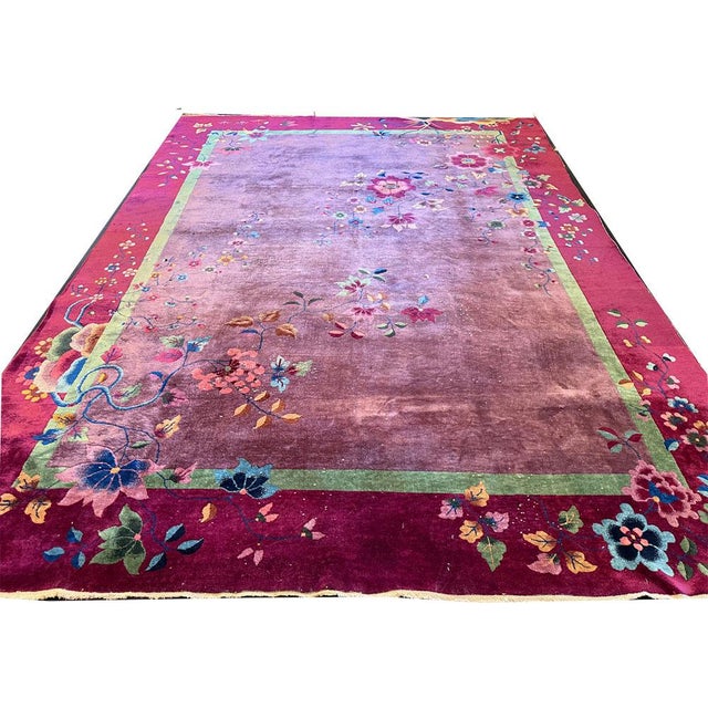 An Antique Nichol Quality Art Deco Chinese Rug Majenta /Purple For Sale - Image 4 of 9