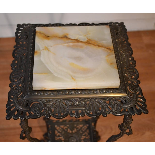 Victorian 1900s Antique Victorian White Metal & Onyx Inset Two Tier Stand / Small Table For Sale - Image 3 of 11