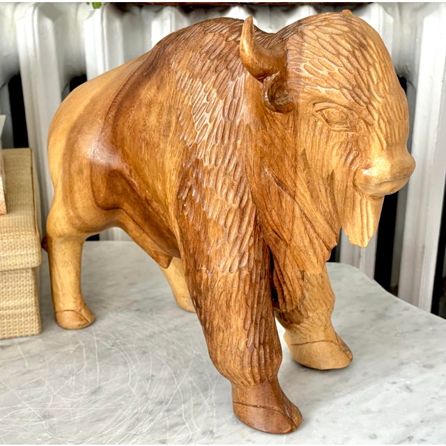 Vintage Wooden American Bison Buffalo Statue Carving For Sale - Image 6 of 9