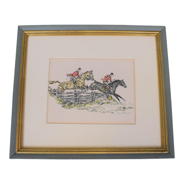Mid 20th Century Paul Brown Watercolor Print With 2 Foxhunters Clearing Fence For Sale