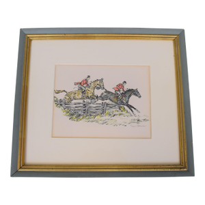Mid 20th Century Paul Brown Watercolor Print With 2 Foxhunters Clearing Fence