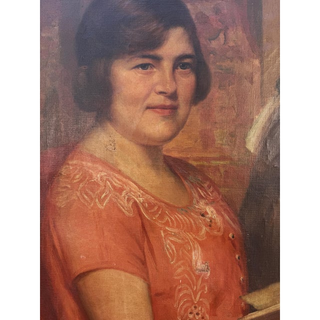 Wood 1920s Antique Extra Large Portrait of a Family Oil Painting- 42 X 56”, Framed For Sale - Image 7 of 12