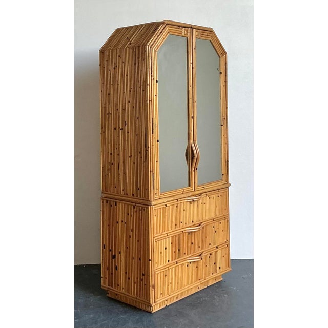 Vintage Boho Faceted Bamboo Mirrored Armoire For Sale In West Palm - Image 6 of 12