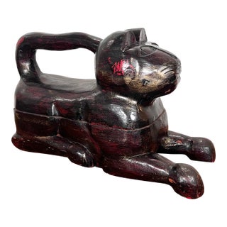 Vintage Large Carved Wood Cat Statue For Sale