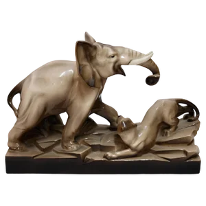 French Artist, Art Deco Elephant and Panther, 1920s, Glazed Ceramic