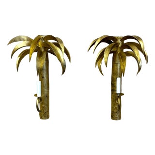 Pair Jansen Style French Gilt Tôle Palm Tree Two-Light Wall Sconces, Circa 1960s For Sale