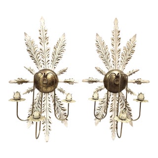 Mid Century Hollywood Regency Gilded Candle Wall Sconces- a Pair For Sale