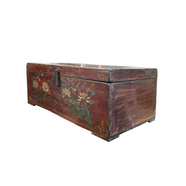 This vintage wooden storage chest is a stunning example of traditional East Asian craftsmanship, featuring a deep, rich...