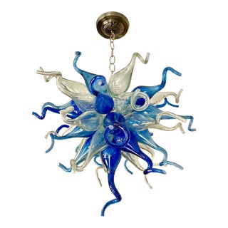 Vintage 1990s Blue and Clear Handblown Glass Light Fixture For Sale