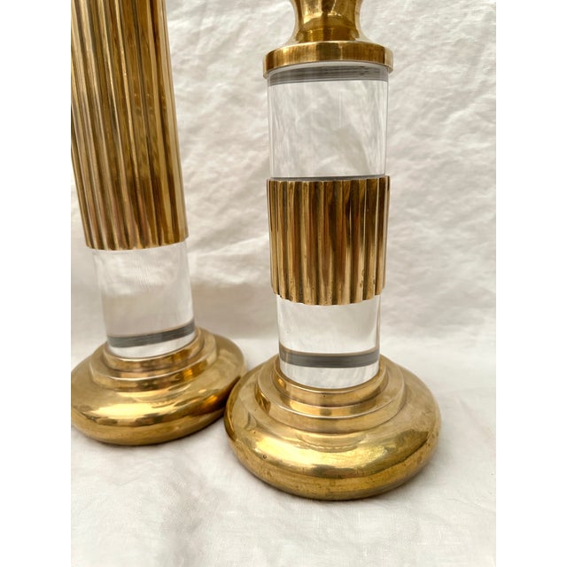 Metal MCM Pair of Brass/Lucite Candle Holders by Dolbi Cashier For Sale - Image 7 of 7