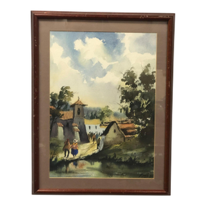 “Path Through the Village" - Original Watercolor Painting 1980 Signed on the Bottom, Framed