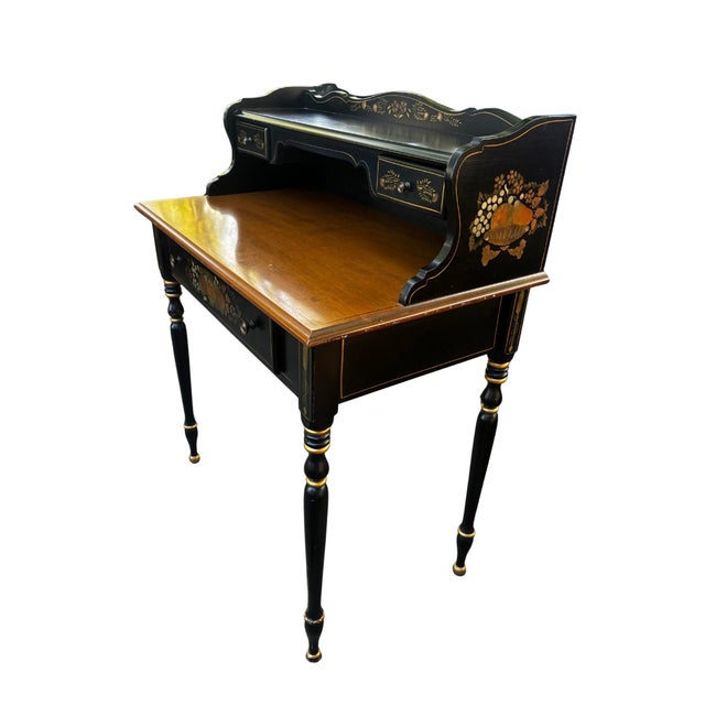 Wood Early 20th Century Ethan Allen Hitchcock Style Stenciled & Ebonized Ladies Writing Desk and Woven Rush Seat For Sale - Image 7 of 11