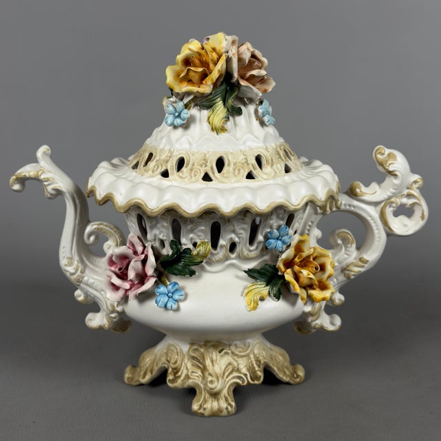 Vintage Porcelain Centerpiece Vase with Relief Flowers from Capodimonte, 1960s For Sale - Image 14 of 14