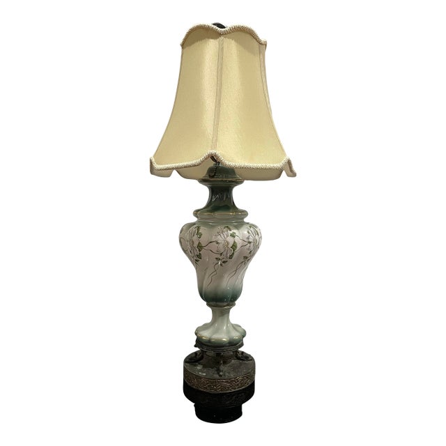 1930s Art Nouveau Hand-Painted Green Ceramic Table Lamp With Cast Metal Base For Sale