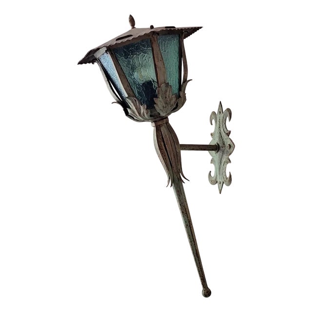 Mid-Century French Iron Outdoor Lantern with Acanthus Leaves For Sale