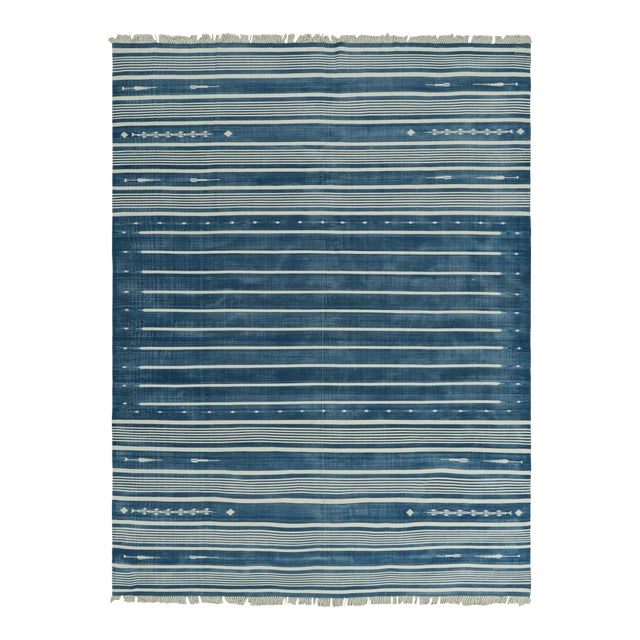 Rug & Kilim's Contemporary Dhurrie Rug in Blue and Off-White Stripes - 14x20 For Sale