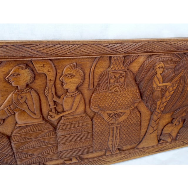 1970s Carved Solid Teak Long Rectangle Wall Plaque Relief Sculpture Depicting Villager For Sale - Image 11 of 12