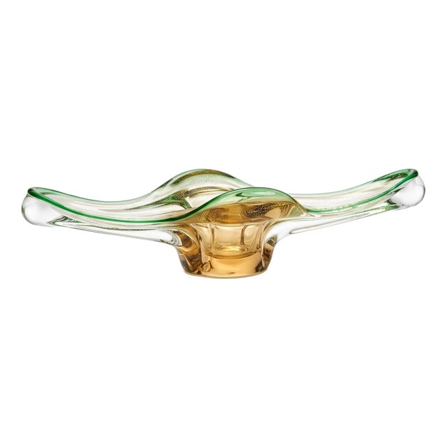 Mid-Century Modern Hand-Blown Winged Art Glass Bowl in Clear with Salmón, Green Edge Detail, 1970s For Sale