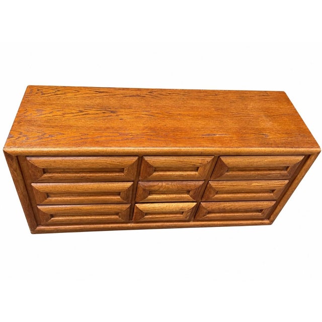 Brutalist Vintage Bassett Sculptural Oak Nine-Drawer Dresser For Sale - Image 3 of 12
