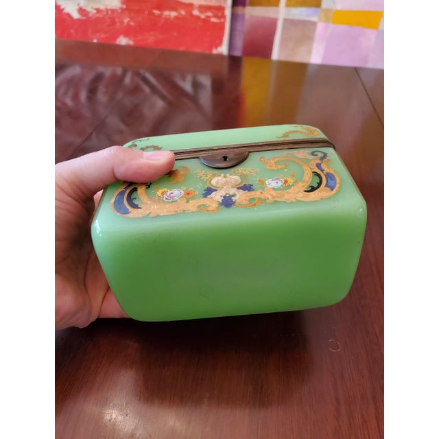 Emerald Mid 19th Century Antique Museum Quality Jade Color Opaline Jewelry Box Casket For Sale - Image 8 of 9