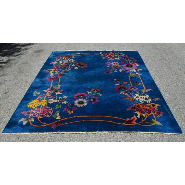 Antique 1900s Bright Blue Background Rug For Sale - Image 4 of 13
