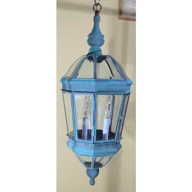 Vintage Verdigris Solid Brass Hexagonal Hanging Lantern – 29”x 11” For Sale - Image 10 of 14