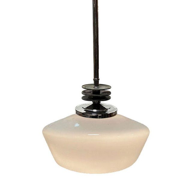 Art Deco 1930s Art Deco Chrome Streamline Pendant Light W/ Opal Schoolhouse Globe For Sale - Image 3 of 5