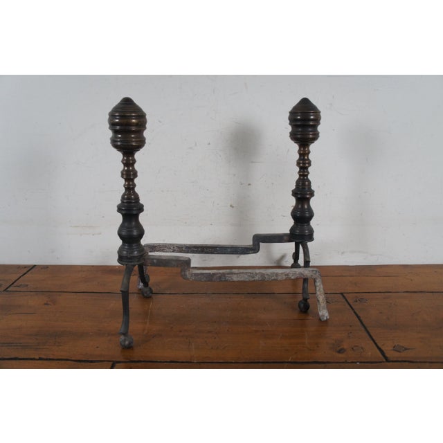 Late 18th Century Antique Georgian Wrought Iron Brass Hearthware Fire Dogs Andirons- Set of 2 For Sale - Image 4 of 12