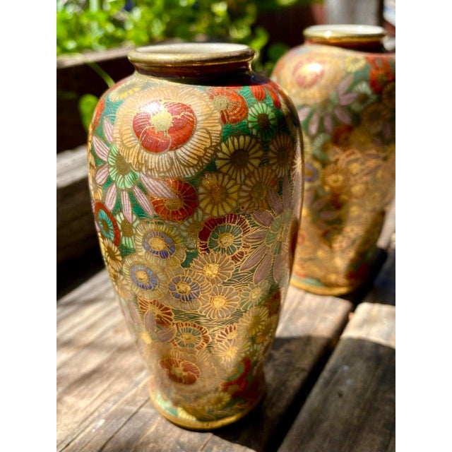 Early 20th Century Early 20th Century Pair Japanese Satsuma Hanazume Miniature Cabinet Vases, Floral Decoration, 5 Inches For Sale - Image 5 of 11