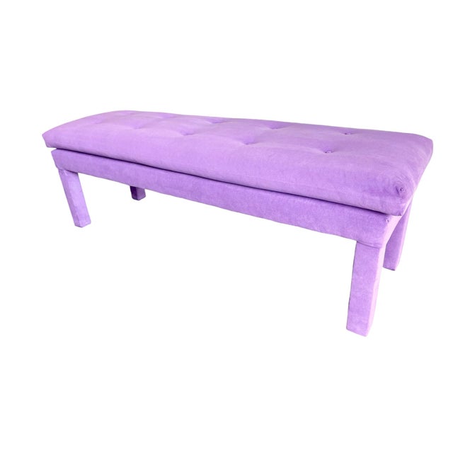 Vintage purple plush fabric upholstered parsons bench from the 1980's. The bench is upholstered in a soft plush purple...