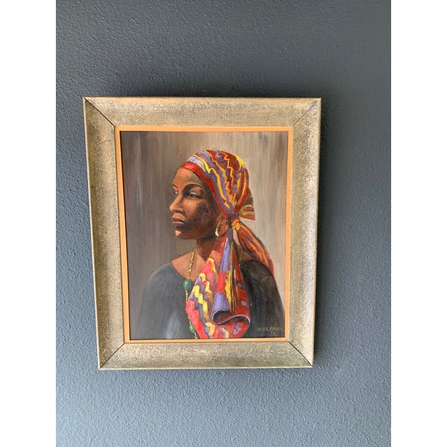 Beautiful African Woman Oil on Board Painting by Elwood Fries For Sale In Dallas - Image 6 of 11