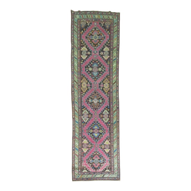 Vintage Karabagh Runner in Bright Pink & Chartreuse - 3'10" x 12'9" For Sale