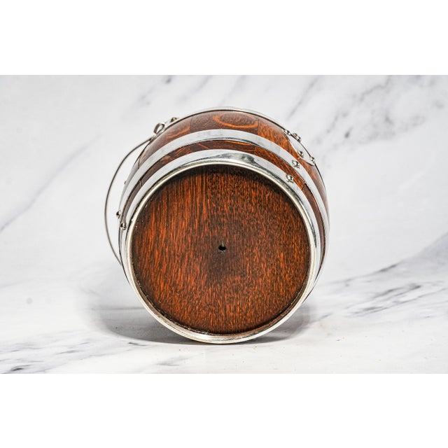 Charming Antique English Silverplate Dark Oak Biscuit Jar With Porcelain Lining Shield Home Decor For Sale - Image 12 of 12